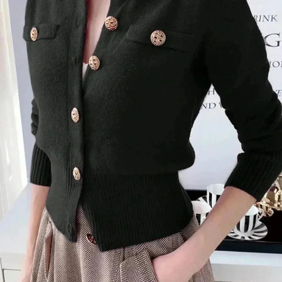 Black Casual Women's Long Sleeve Knit Ribbed Button Round Neck Cardigan - Picture 5 of 5